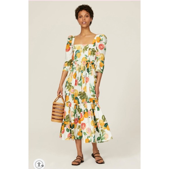 Cara Cara Citrus Print Blue Hill Midi Dress Square Neck Puff Sleeve Size 12